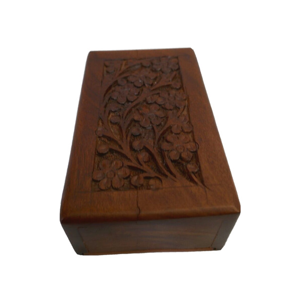 Handcarved Floral Keepsake Wood Jewelry Box With Slide open Bottom - Picture 11 of 16